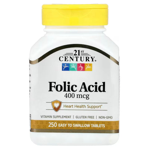 21st Century Folic Acid Vitamin B9 Folate Heart Health 400 mcg 250 Easy to Swallow Tablets