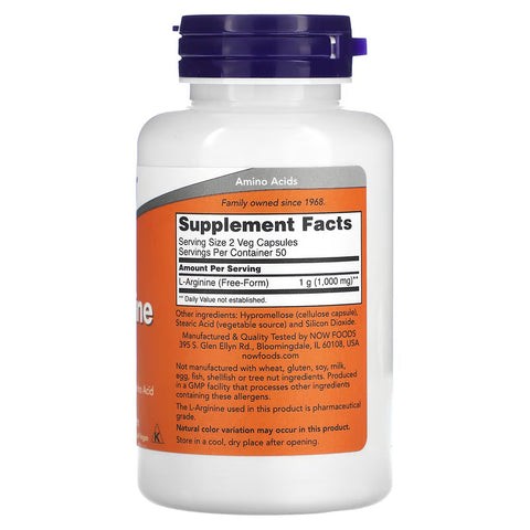NOW Foods Supplements L-Arginine(Arjinin) 500 mg Nitric Oxide Precursor Amino Acid, 100 Veg Capsules