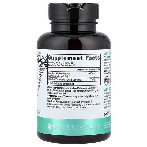 Nutri, 20:1 Extract Tongkat Ali Tribulus Eurycoma longifolia 120 Vegan Capsules