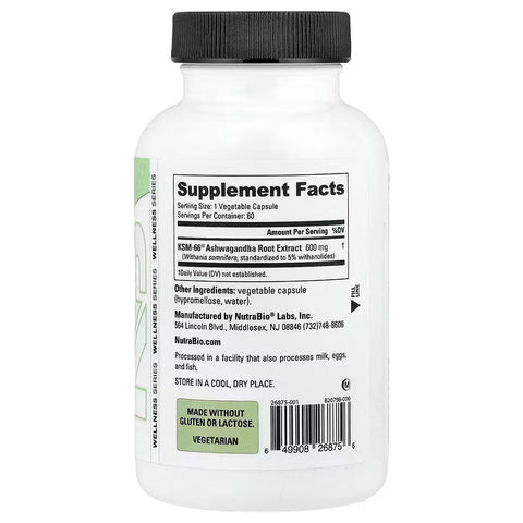 NutraBio Ashwagandha KSM66 600 mg 60 Veggie Capsules