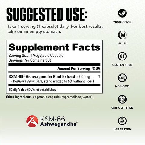 NutraBio Ashwagandha KSM66 600 mg 60 Veggie Capsules