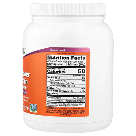 NOW Foods Sunflower Lecithin Phospholipids Potassium & Phosphatidyl Choline Inositol 454 g