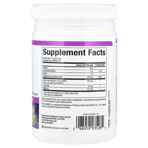 Natural Factors Stress-Relax Nighttime Magnesium Bisglycinate Powder with Melatonin Gaba L-Theanine Tropical Fruit 120 g