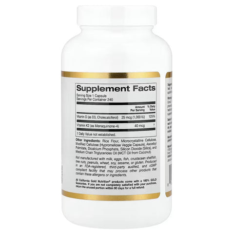 California Gold Nutrition, Vitamin D3 + K2, 240 Veggie Capsules