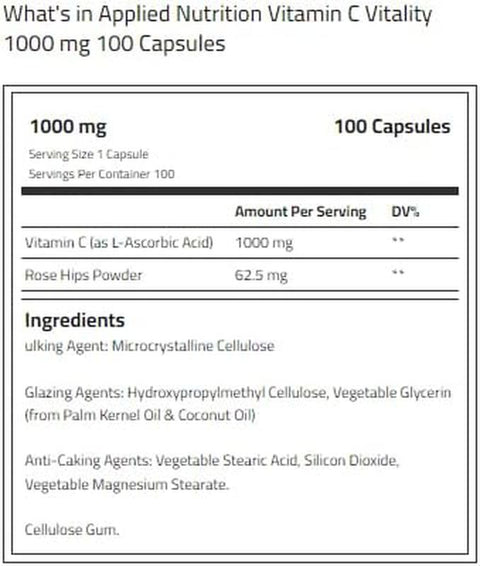 Applied Nutrition Vitamin C Rose hips Ascorbic acid 1000mg 100 Caps