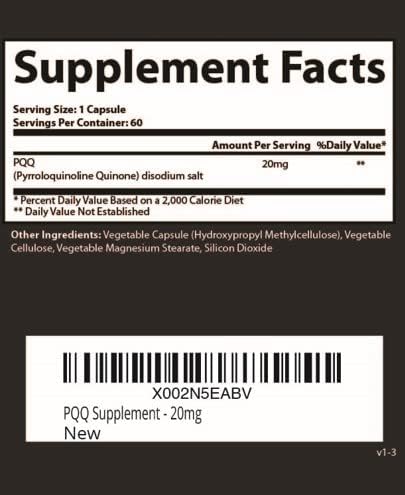 Research Labs Ultra High Purity 20mg PQQ Pyrroloquinoline ATP Energy Heart Cognitive Support Nootropic 60 Caps
