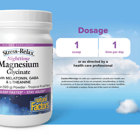 Natural Factors Stress-Relax Nighttime Magnesium Bisglycinate Powder with Melatonin Gaba L-Theanine Tropical Fruit 120 g