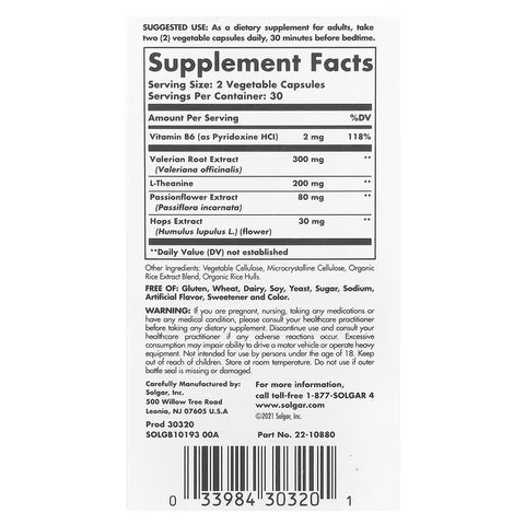 Solgar Sleep Stress Support Valerian Root Theanine 60 Vegetable Caps