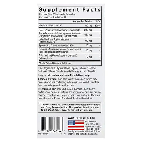 Force Factor NAD+ NMN or Nicotinamide with Resveratrol Astaxanthin Spermidine & Luteolin 60 Caps