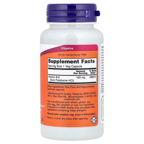 NOW Foods Vitamin B6 (Pyridoxine) 100 mg 100 Veg Capsules