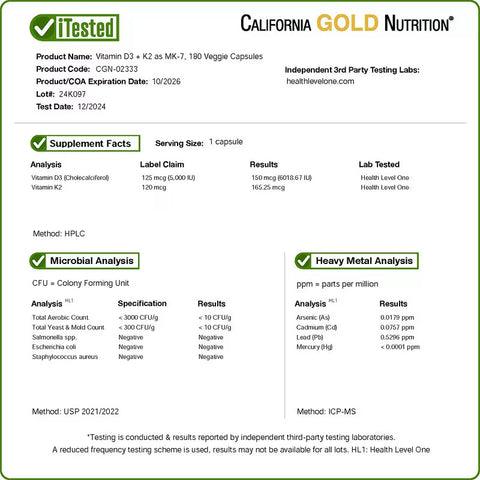 California Gold Nutrition Vitamin D3 + K2 MK7 180 Veggie Caps