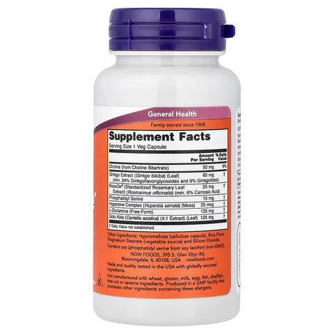 NOW Foods Brain Elevate Choline Bitartrate Phosphatidyl Serine Brain & Cognitive 60 Veg Caps