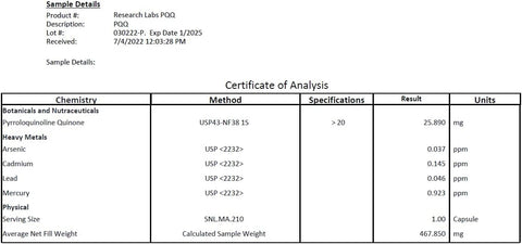 Research Labs Ultra High Purity 20mg PQQ Pyrroloquinoline ATP Energy Heart Cognitive Support Nootropic 60 Caps