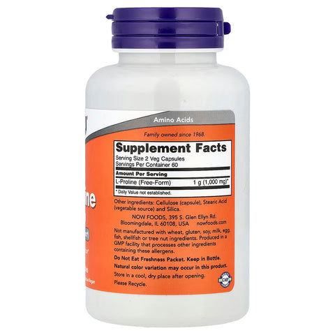 NOW Foods L-Proline Amino Acids Collagen Production 120 Veg Caps