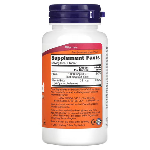 Now Folic Acid 800 mcg with Vitamin B-12 250 Tablets