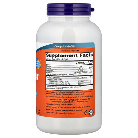 NOW Foods, Ultra Omega 3-D Fish Oil EPA DHA Vitamin D3 Cardiovascular Support 180 Fish Softgels