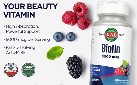 KAL, Biotin, Mixed Berry, 5,000 mcg, 100 Micro Tablets