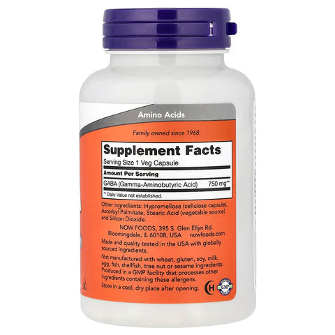 NOW Foods GABA 750 mg 100 Veg Capsules