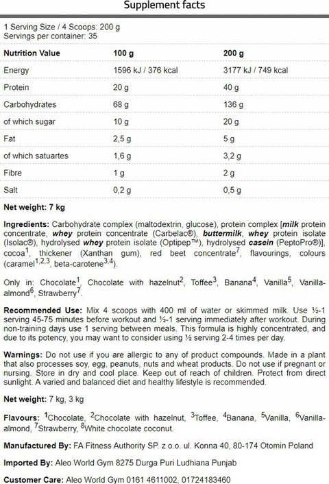 Fa Core Mass Gainer 3 Kg - 35 servis (Karbonhidrat tozu)