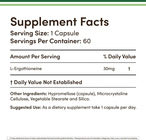 Double Wood Ergothioneine EGT Longevity and Healthy Aging 30mg 60 Caps