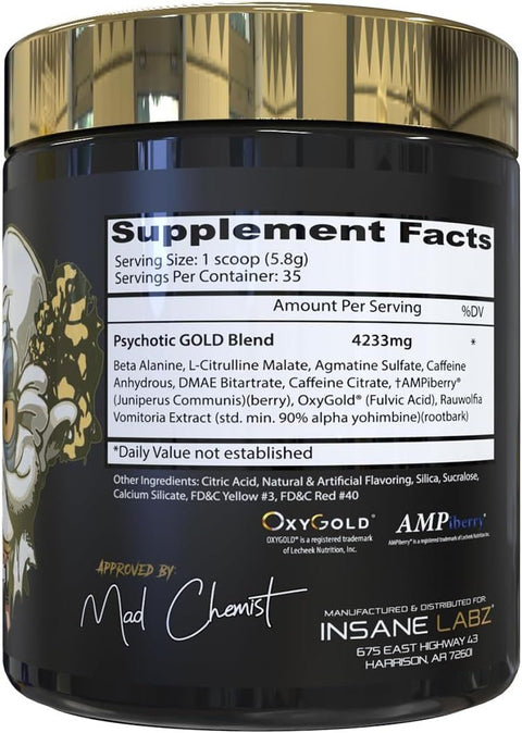 Insane Labz Psychotic Gold PreWorkout Beta Alanine, DMAE Bitartrate, NO Booster 35 Servis - Peach Mango
