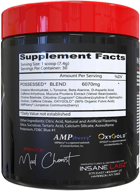 Insane Labz Possessed Test Boost PreWorkout D-Aspartic Acid and Creatine Fueled by AMPiberry and OXYgold 30 Srvgs