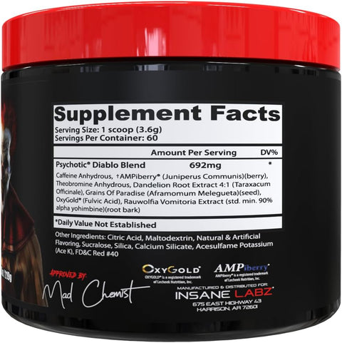 Insane Labz Psychotic Diablo Powder Thermogenic Fat Burner Yohimbine 60 Servis - Cherry Lemon