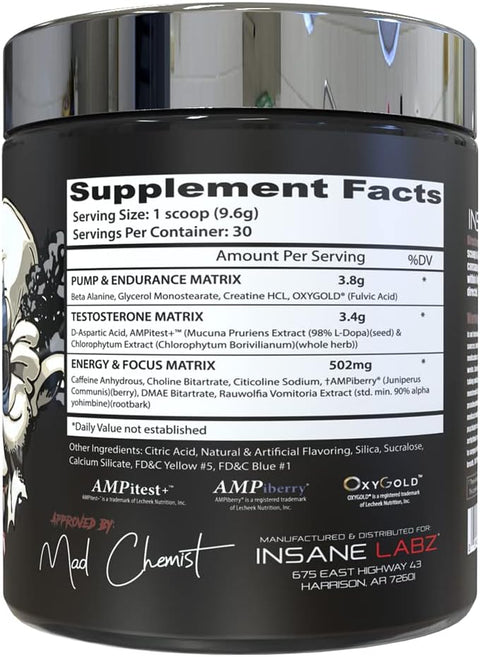 Insane Labz Psychotic Test Energy Pump Boosting PreWorkout DMAE Bitartrate D-Aspartic Acid Creatine HCL and Glycerol Monostearate 30 Servings Lemon-Lime