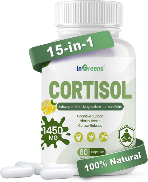 inGreens Cortisol 15-in-1 Ashwagandha Theanine & Lemon balm Rhodiola Magnesium Relaxation & Restful Sleep 60 Caps