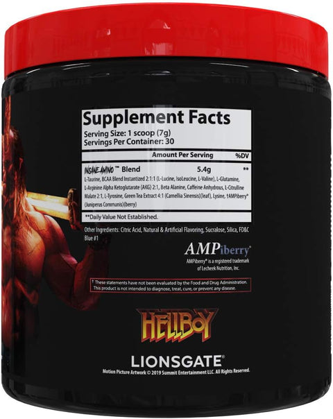 Insane Labz Insane Amino Hellboy BCAA with Energy Focus Muscle Recovery Intra Workout 30 Srvgs, Blue Raspberry