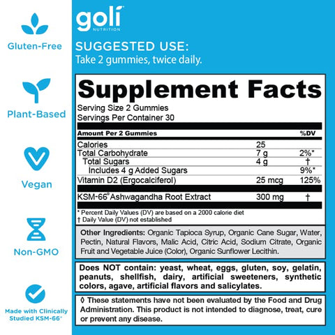 Goli Ashwagandha Vitamin D Relax KSM66 Vegan Non-GMO, Gluten-Free Gelatin Free 60 Gum