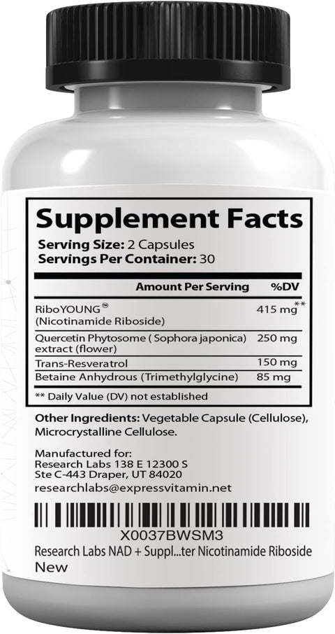 Research Labs NAD+ Nicotinamide Riboside Quercetin Resveratrol Betaine True NAD Anti Aging