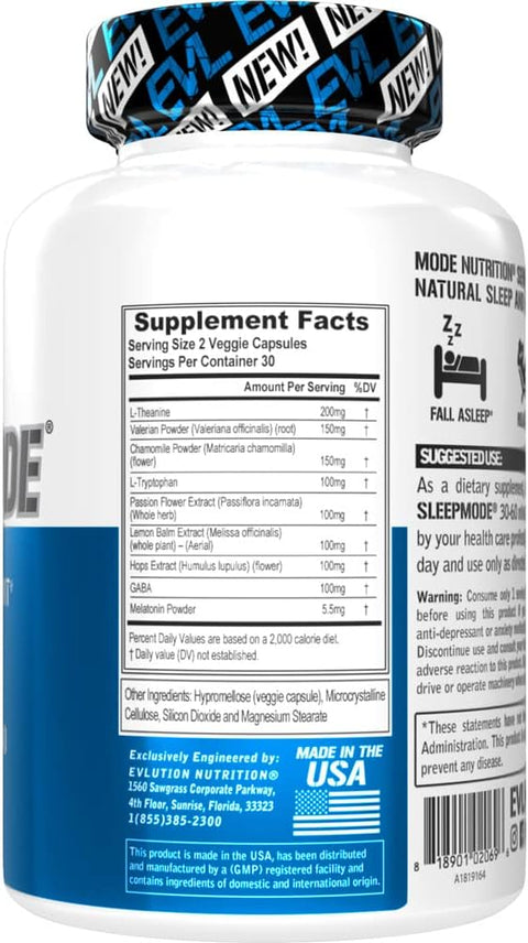 Evlution Nutrition Sleep Support Theanine Melatonin Gaba Valerian L-Tryptophan Lemon Balm and More - Restful Calm Caps