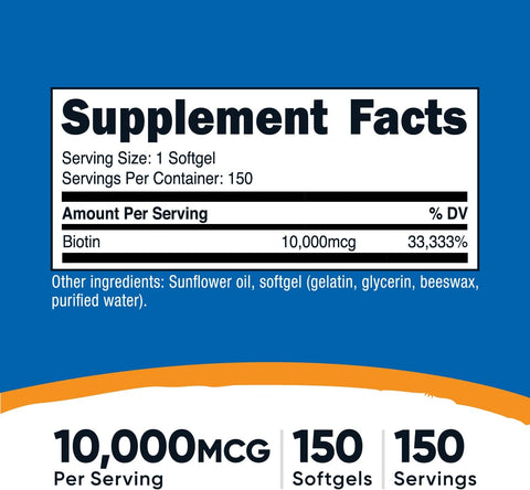 Nutricost Biotin Vitamin B7 Hair Skin 10,000mcg 150 Softgels