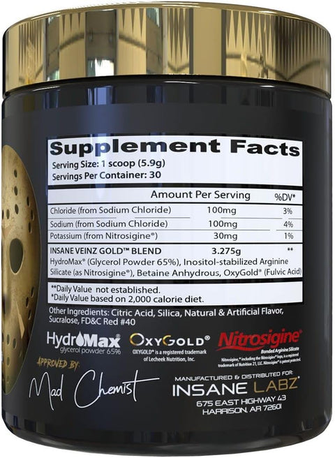 Insane Labz Insane Veinz Gold Nitric Oxide Preworkout Hydromax Nitrosigine Glycerol 30 Servis