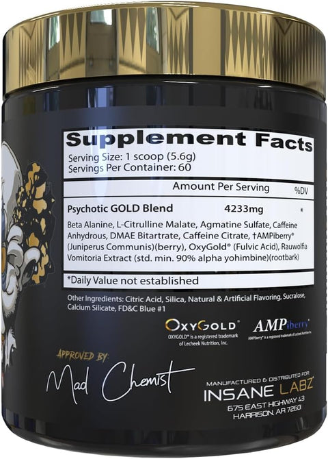Insane Labz Psychotic Gold High Stimulant PreWorkout Energy Focus, Pump Beta Alanine DMAE Bitartrate NO Booster 60 Servis