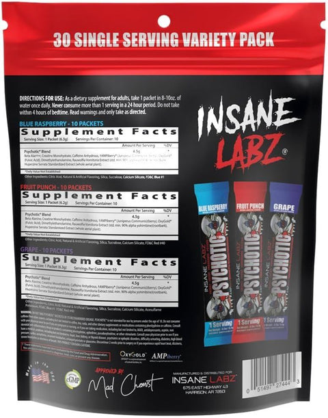 Insane Labz Psychotic Preworkout Energy Focus and Endurance with Beta Alanine Creatine Monohydrate DMAE 30 Pack Variety