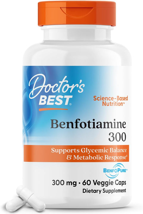Doctor's Best Benfotiamine 300 with BenfoPure, Helps Maintain Healthy Glucose Metabolism, Non-GMO, Vegan, Gluten Free, Soy Free, 300 mg, 60 Veggie Caps