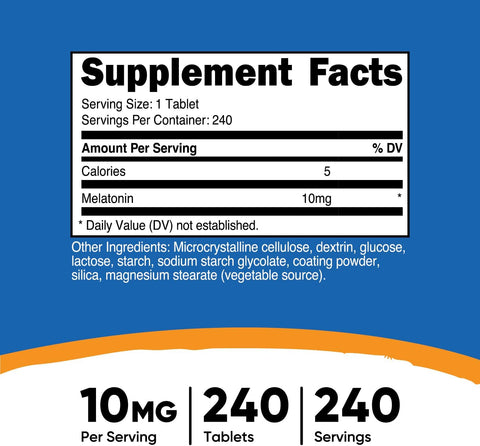 Nutricost Melatonin 10mg, 240 Tablets - 10mg Per Serving, Non-GMO, Gluten Free