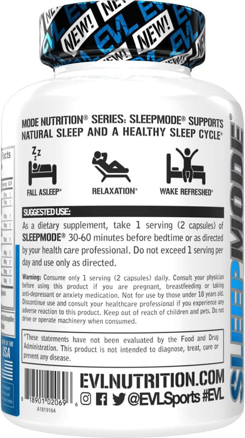 Evlution Nutrition Sleep Support Theanine Melatonin Gaba Valerian L-Tryptophan Lemon Balm and More - Restful Calm Caps