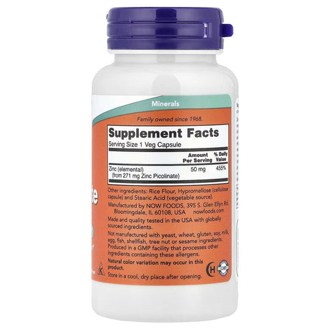 NOW Foods, Zinc(Çinko) Picolinate, 50 mg, 120 Veg Caps