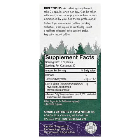Host Defense Mushrooms Lion's Mane Made with Organic Mushroom Mycelium 60 Capsules
