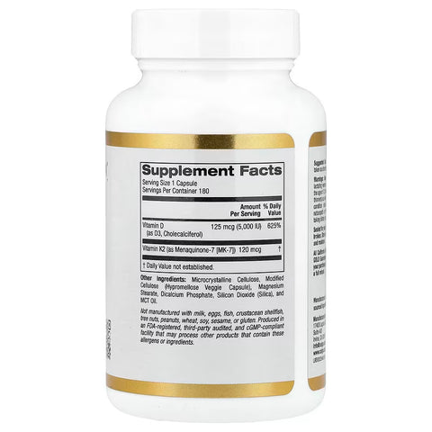 California Gold Nutrition Vitamin D3 + K2 MK7 180 Veggie Caps