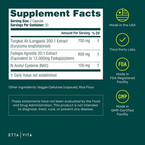 Etta Vita Test Booster for Men with 200:1 longjack Tongkat Ali Fadogia Agrestis & NAC liver support detox & cleanse 60 Vegan Caps