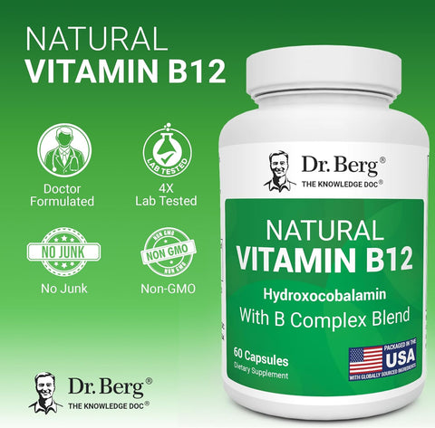 Dr. Berg Natural Vitamin B12 FOLATE 1000 mcg Hydroxocobalamin Energy Brain & Nervous System 60 Caps