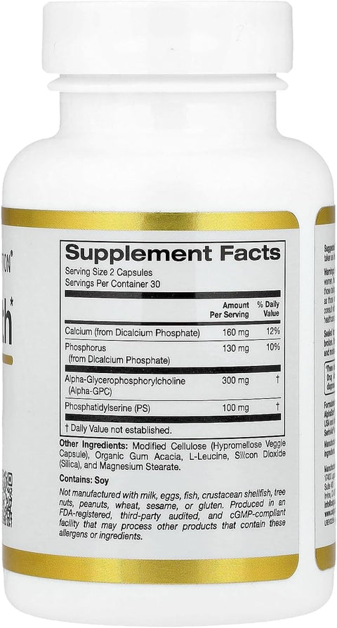 California Gold Nutrition Brain Health Alpha Glycerophosphorylcholine Memory Cognitive Calcium Phosphatidylserine 60 Veggie Caps