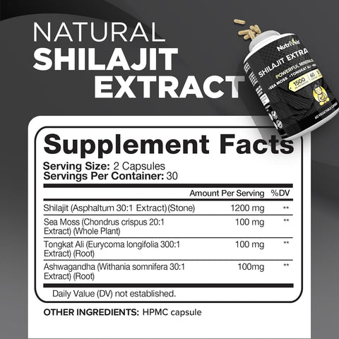Nutrivein Premium Himalayan Shilajit with Irish Sea Moss Tongkat Ali Ashwagandha 1500 mg - 60 Caps