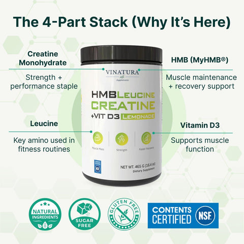 VINATURA Creatine Monohydrate HMB Powder with Leucine Losin Vitamin D3 - Muscle Defense - Vegan Lemonade Flavor 30 Serving