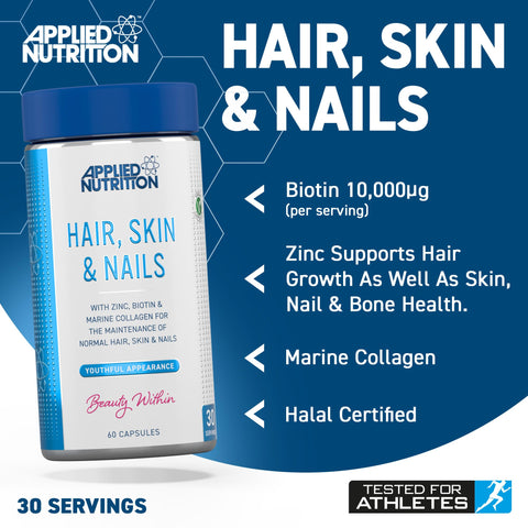 Applied Nutrition Hair, Skin & Nails, (BİOTİN+B12+MAGNESİUM OXİDE+GRAPE+COLLAGEN+FOLİC ACİD 60 Caps