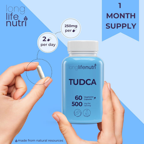 LongLifeNutri TUDCA - Tauroursodeoxycholic Acid Bile Salt 500mg per Serving & 60 Vegetarian Caps